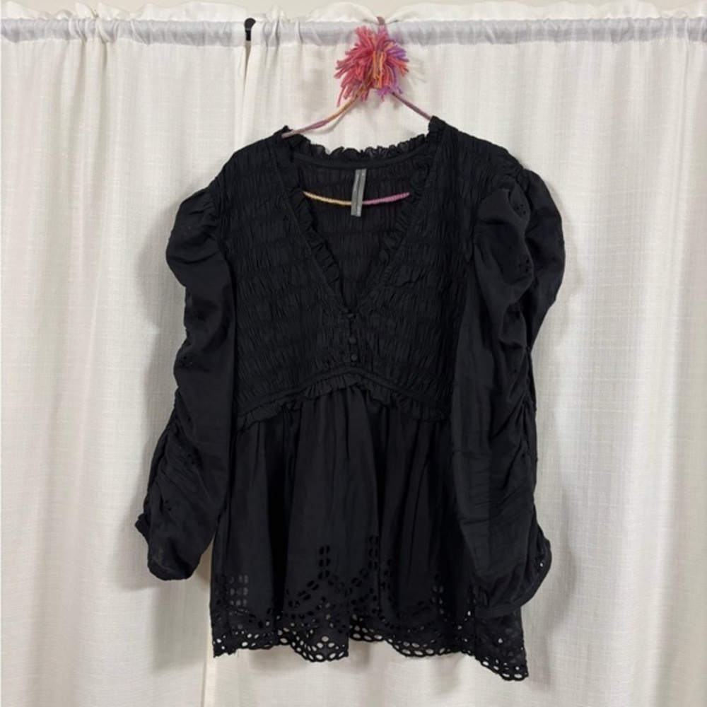 By Anthropologie Ruched-Sleeve Smocked Blouse Size XL